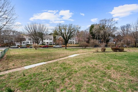 A grassy field with a white path in the middle and trees in the background.