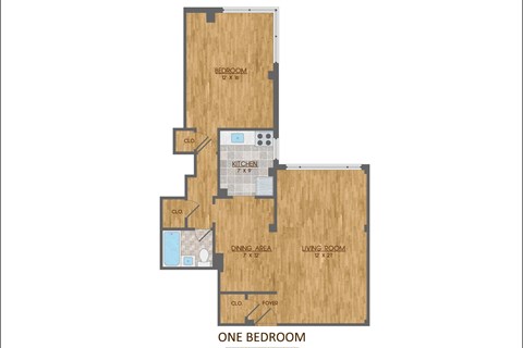 A floor plan of a one bedroom apartment.