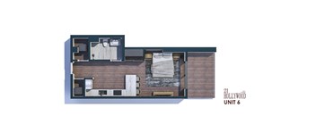 A floor plan of a Hollywood themed apartment.