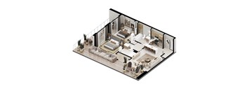 A 3D floor plan of a house with multiple rooms and furniture.