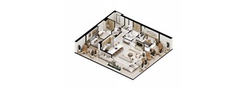A 3D floor plan of a house with a kitchen, living room, and bathrooms.