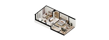 A 3D image of a modern apartment layout.