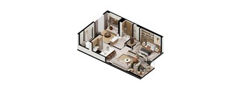 A 3D floor plan of a house showing the layout of the rooms.