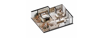 A 3D image of a modern bedroom and living room.