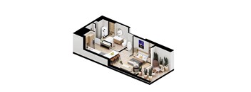 A 3D floor plan of a small apartment with a kitchen, living room, and bedroom.