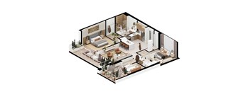 A 3D image of a house interior with a bedroom, living room, kitchen, and dining area.