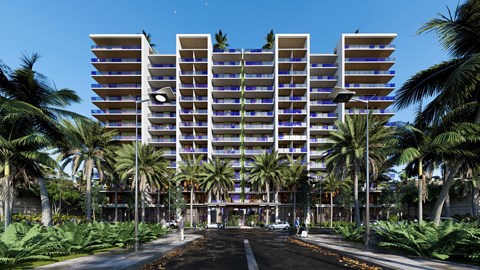 A modern building with a lot of windows and balconies is surrounded by palm trees.
