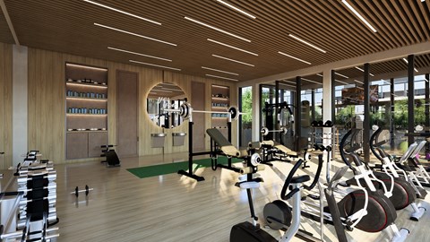 A gym with a variety of exercise equipment including treadmills, stationary bikes, and weight machines.