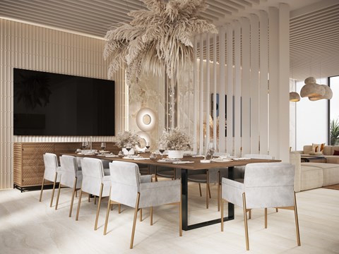 A modern dining room with a large table and chairs.