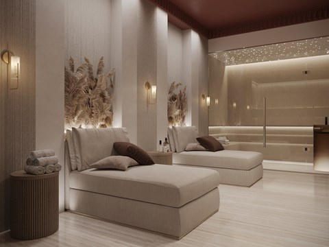 A modern bedroom with a large bed and a glass wall.
