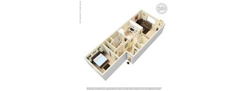 A 3D image of a house layout with a kitchen, living room, and two bedrooms.