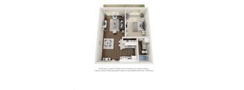A 3D floor plan of a small apartment with a kitchen, living room, and bedroom.