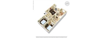 A 3D rendered image of a floor plan of a house.