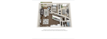 A 3D floor plan of a small apartment with a kitchen, living room, and bedroom.