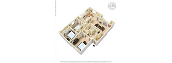 A 3D rendered image of a house layout.