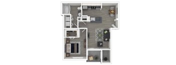 A floor plan of a house with a kitchen, living room, dining room, and bathroom.