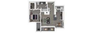A floor plan of a house with a kitchen, living room, dining room, and bathroom.