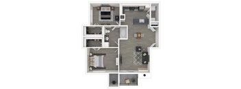 A floor plan of a house with a kitchen, living room, dining room, and bathrooms.