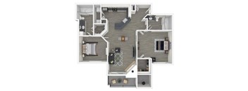A floor plan of a house with a kitchen, living room, and two bedrooms.