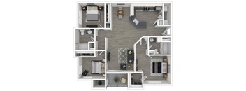 A floor plan of a house with a kitchen, living room, and two bedrooms.