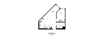 A floor plan of a small 600 square foot bedroom suite.