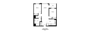 A black and white image of a floor plan for a 2 bedroom, 2 bathroom apartment.