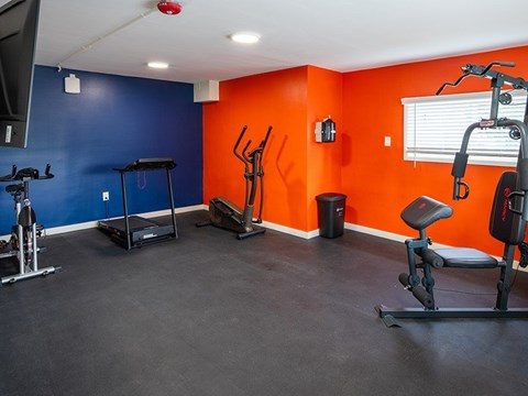 A home gym with a blue wall and orange wall.
