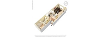 A 3D image of a room with a bed, a desk, and a chair.