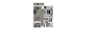 A top-down view of a small apartment with a kitchen, living room, and bedroom.