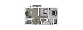A floor plan of a small apartment with a kitchen, living room, and bedrooms.