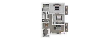 A floor plan of a house with a kitchen, living room, and two bedrooms.