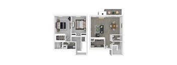 A floor plan of a two-story apartment with a living room, kitchen, and bedrooms.