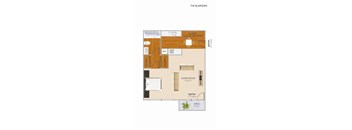 A floor plan of a one-bedroom apartment with a living room, closet, and patio.