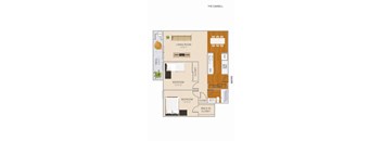 A floor plan of a one bedroom apartment with a living room, two bedrooms and a bathroom.