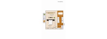A floor plan of a living space with a bedroom and closet.