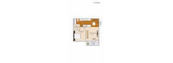 A floor plan of a one-bedroom apartment with a living room, bedroom, and bathroom.