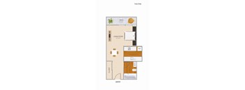A floor plan of a living space with a living room, closet, and bathroom.