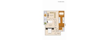 A floor plan of a one bedroom apartment with a living room, two bedrooms and a bathroom.