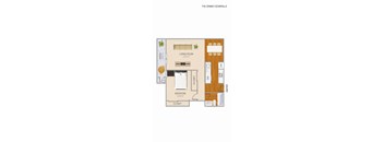A floor plan of a one bedroom apartment with a living room, bedroom and closet.