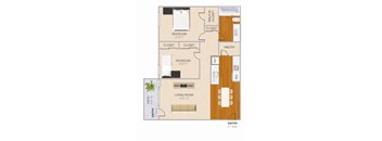 A floor plan of a two-bedroom apartment with a living room, kitchen, and pantry.