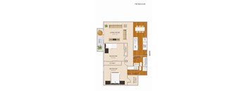 A floor plan of a living space with a living room, two bedrooms, a bathroom, and a kitchen.