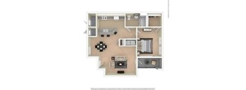 A floor plan of a house with a kitchen, living room, and two bedrooms.