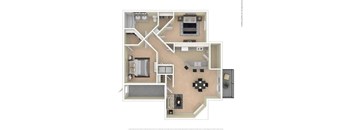 A floor plan of a house with a kitchen, living room, and two bedrooms.