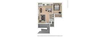 A floor plan of a house with a kitchen, living room, and two bedrooms.