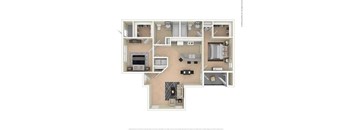 A floor plan of a house with a kitchen, living room, dining room, and two bedrooms.