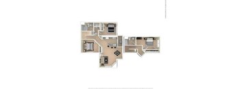 A floor plan of an apartment with a kitchen, living room, and two bedrooms.