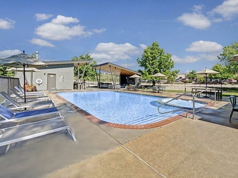 A pool surrounded by chairs and umbrellas with a building in the background.