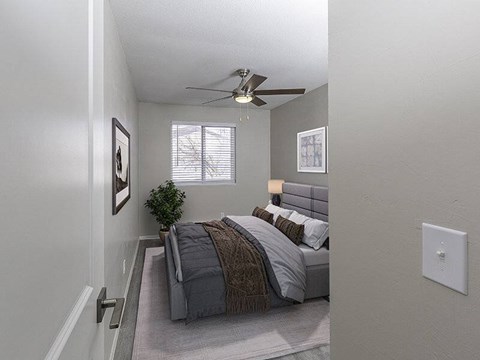 A bedroom with a bed, a ceiling fan, and a small plant.