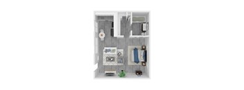 A small room with a bed, a desk, a chair, a plant, and a clock on the wall.