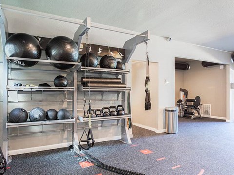 A gym with a rack of kettlebells and a punching bag.